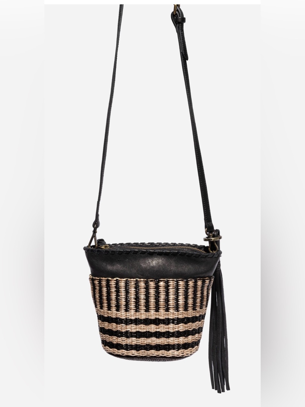 Johnny Was Banda Crochet Bucket Leather Raffia Woven Tassel Boho Western Bag‎